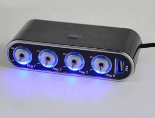 Разветвитель гнезда прикуривателя 4 гнезда + USB (с выключателями) с подсветкой 